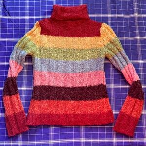 Beautiful Rainbow Striped Turtleneck Wool Blend Sweater Size Small